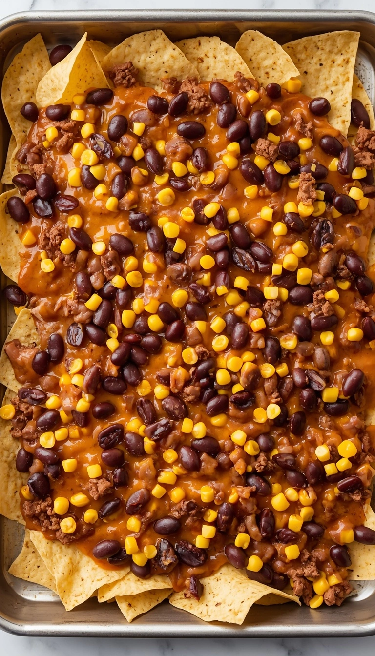 Tortilla chips layered with beans, corn, and hot leftover taco meat