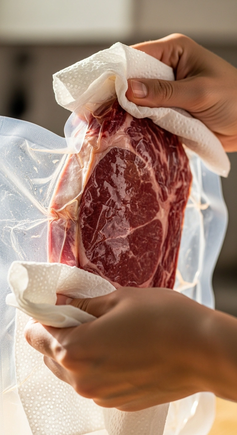 Drying sous vide steak with paper towels before searing