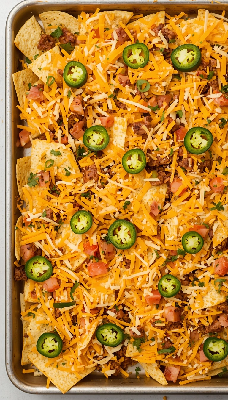 Nachos topped with shredded cheese and jalapeños before baking