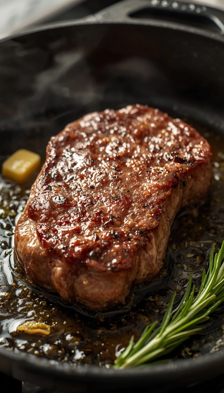 Searing sous vide steak in a hot skillet after water bath cooking
