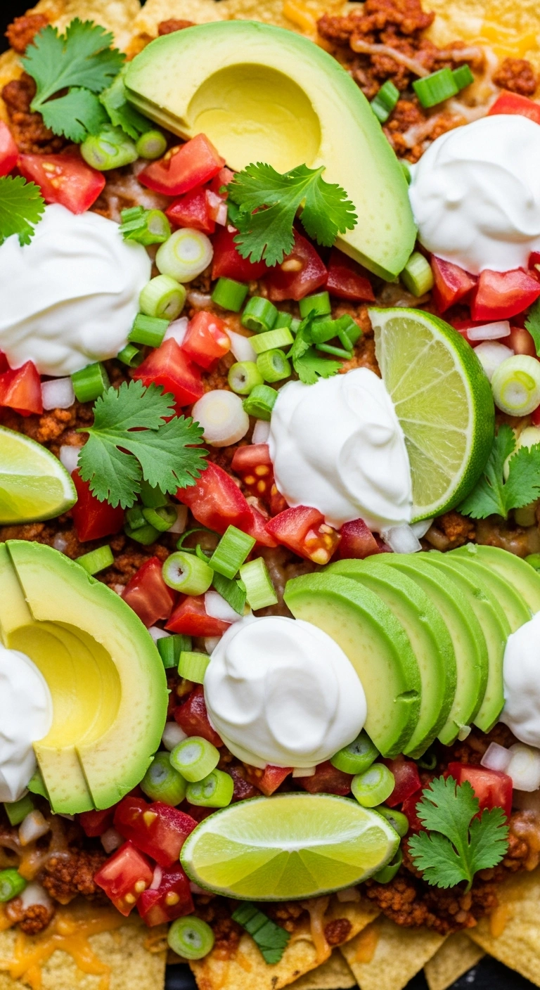 Loaded leftover taco meat nachos finished with avocado, sour cream, cilantro, and lime