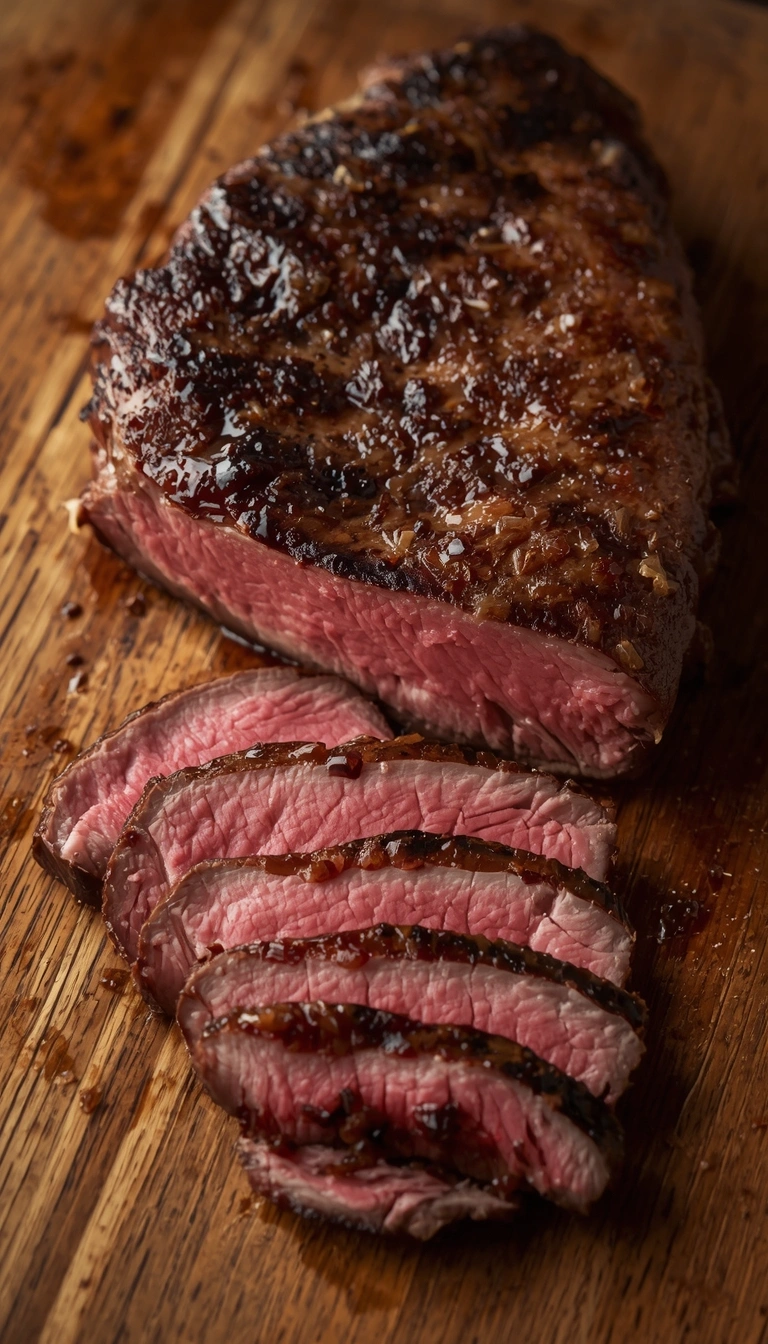 Resting and slicing coulotte steak against the grain on a cutting board