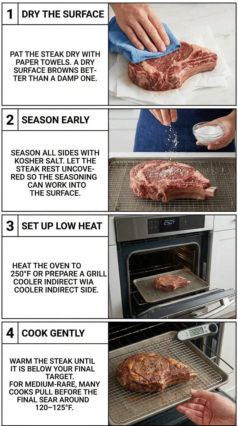 Steps 1 to 4 for cooking bone in ribeye steak: dry, season, rest, and cook gently