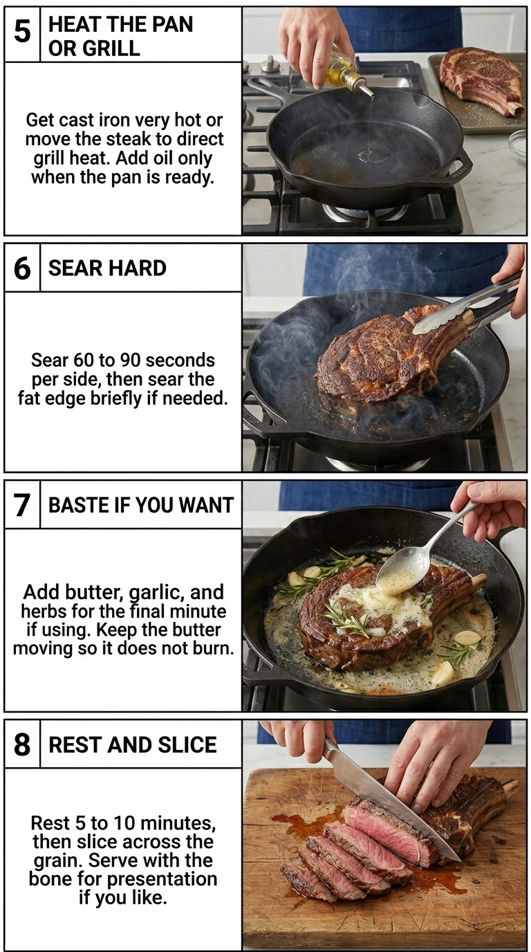 Steps 5 to 8 for cooking bone in ribeye steak: sear, baste, rest, and slice