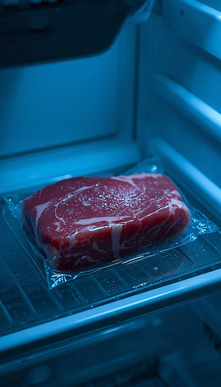Vacuum sealed A5 Wagyu thawing slowly in the refrigerator