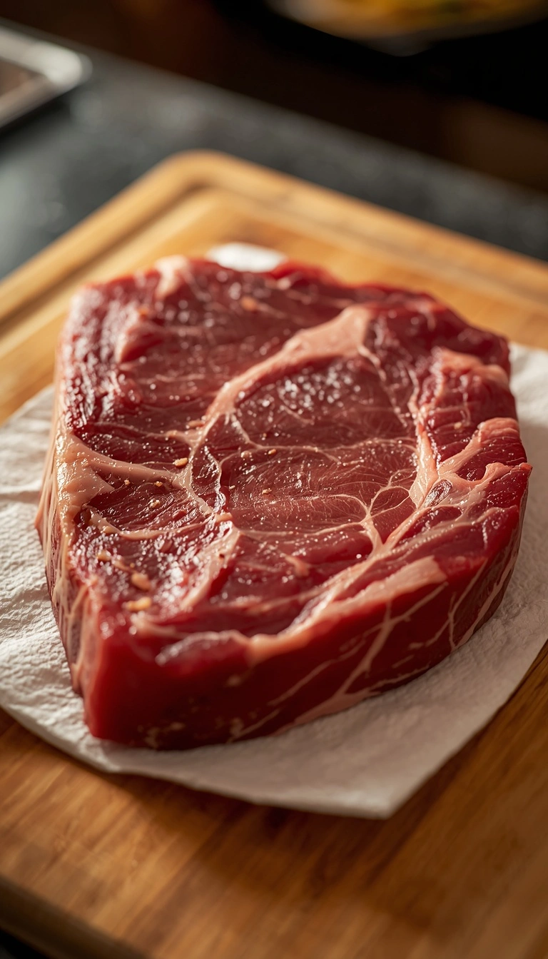 Thawed A5 Wagyu patted dry before searing