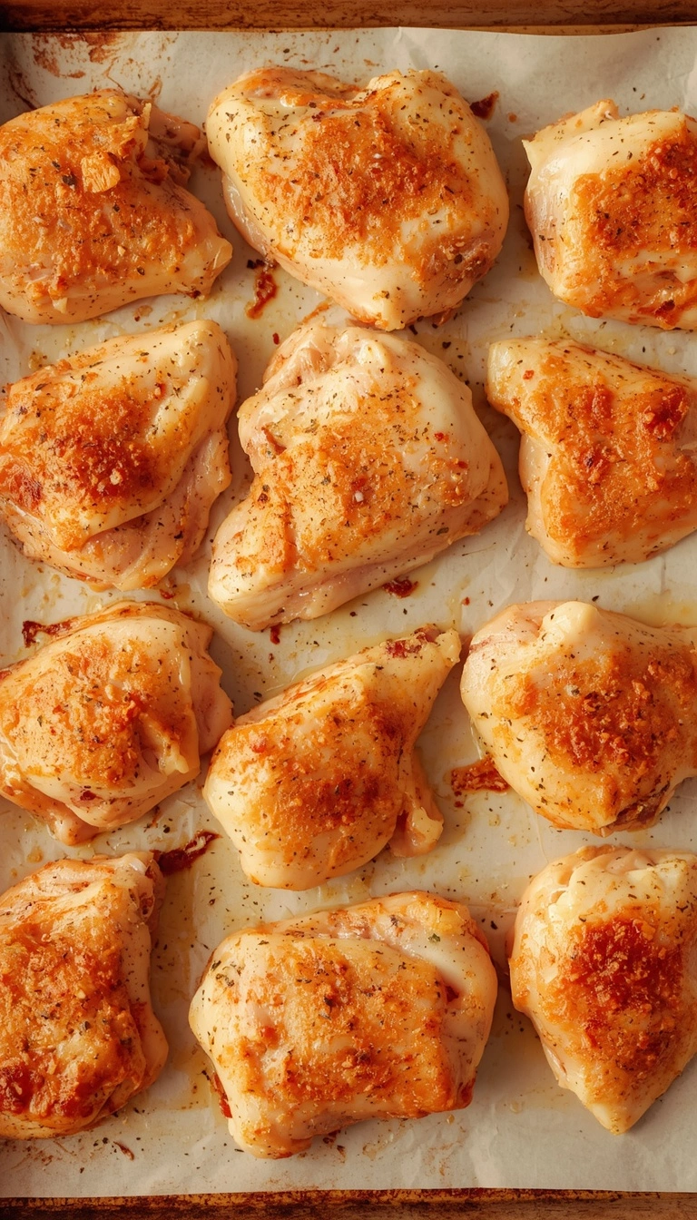 Seasoned boneless skinless chicken thighs arranged on a sheet pan