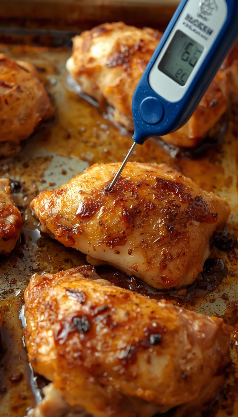 Baked chicken thighs checked with thermometer to 165 degrees Fahrenheit