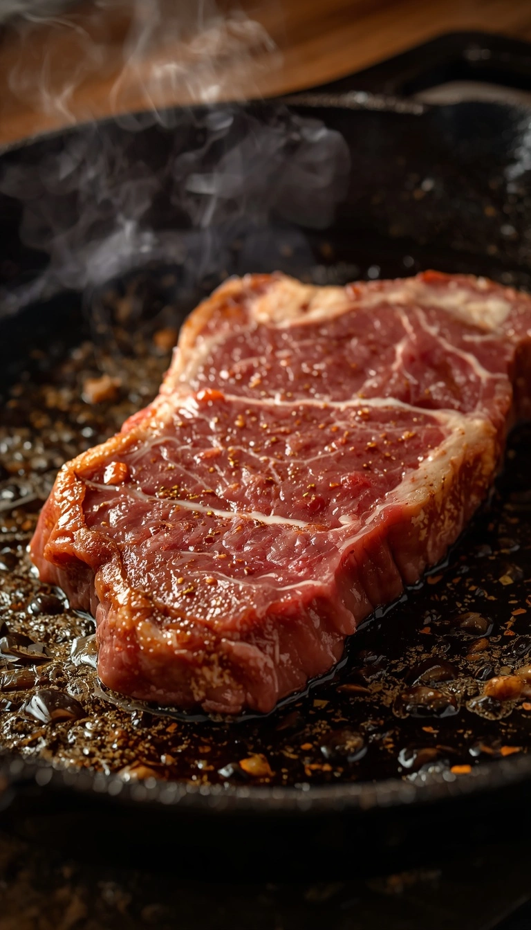 A5 Wagyu searing quickly in a hot cast iron skillet