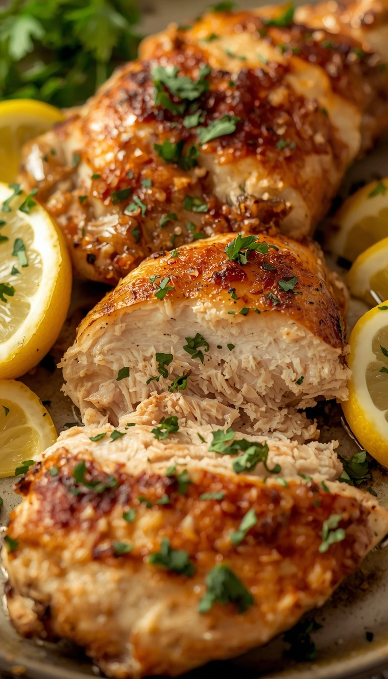Sliced baked boneless skinless chicken thighs served with parsley and lemon