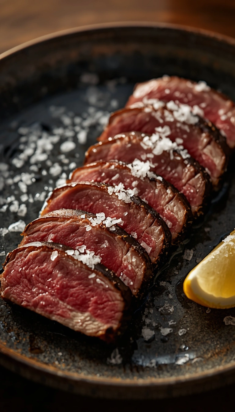 Sliced pan-seared A5 Wagyu served with flaky salt