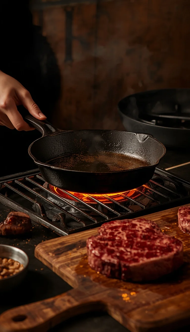 preheating cast iron skillet or grill for ribeye and striploin steaks