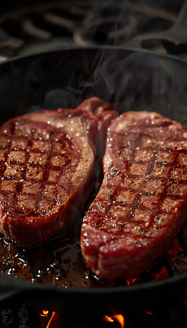 searing ribeye and striploin steaks side by side on a hot surface