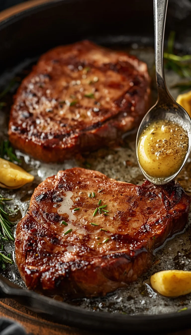 butter basting ribeye and striploin steaks with garlic and herbs