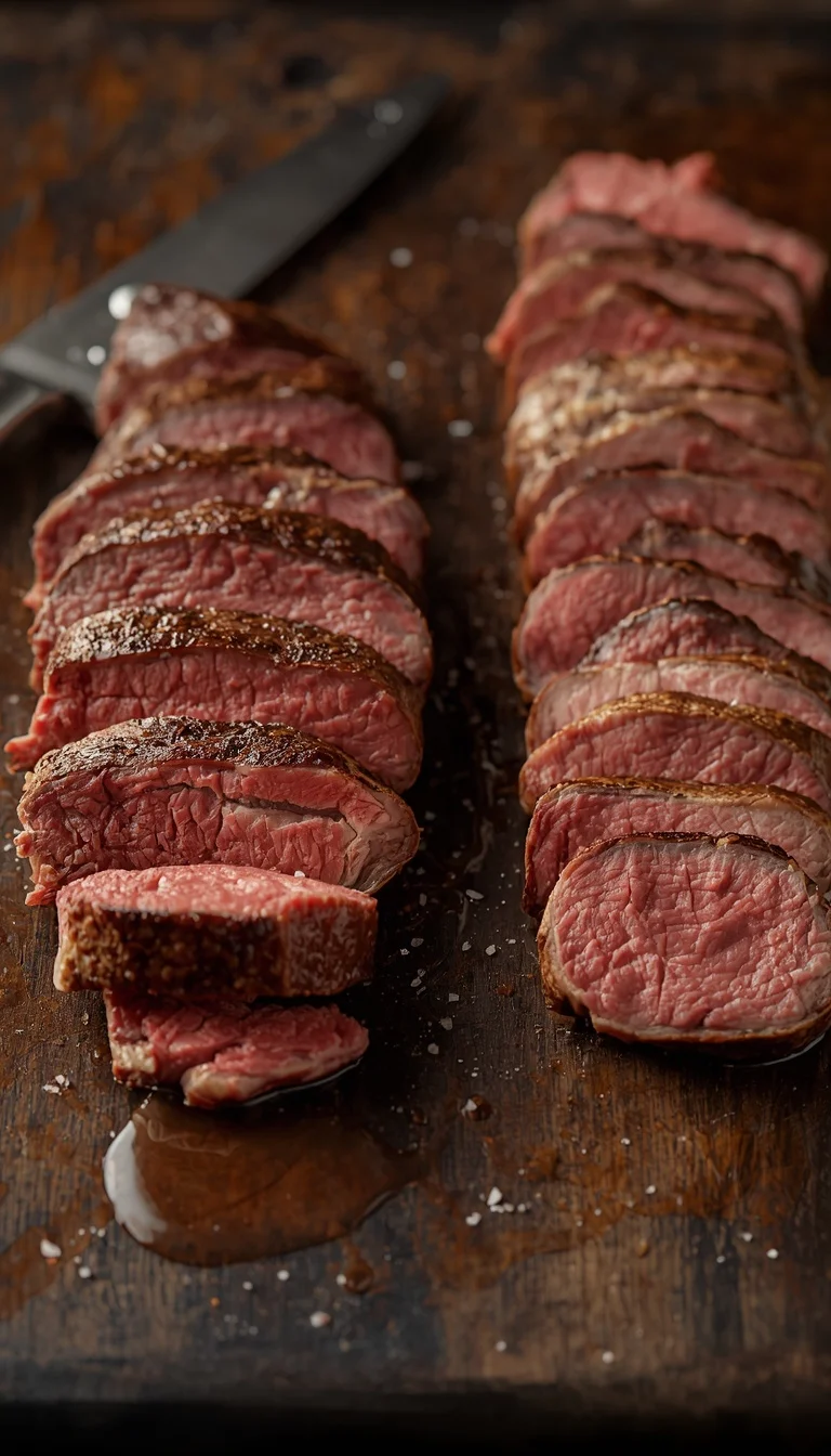 rested ribeye and striploin steaks sliced on a cutting board