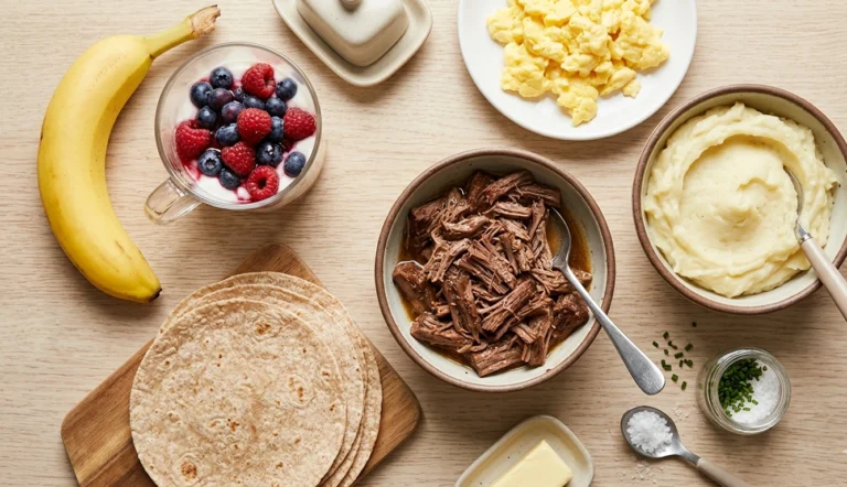 Soft braces-friendly foods including tender beef, mashed potatoes, eggs, yogurt and banana