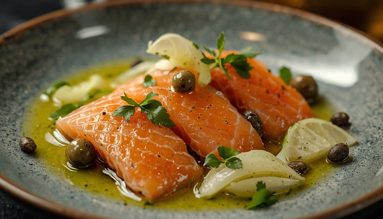Salmon Crudo with citrus olive oil, king salmon slices, herbs, capers, and chilled garnishes