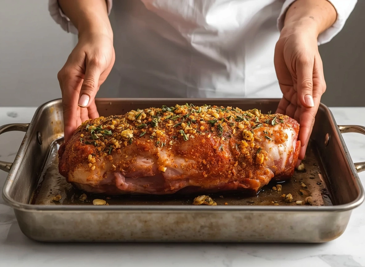 seasoned pork loin roast before cooking in the oven