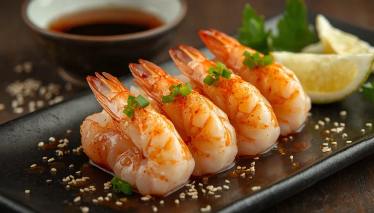 Shrimp sashimi served with sweet shrimp (amaebi), citrus soy sauce, wasabi, and chilled garnishes.