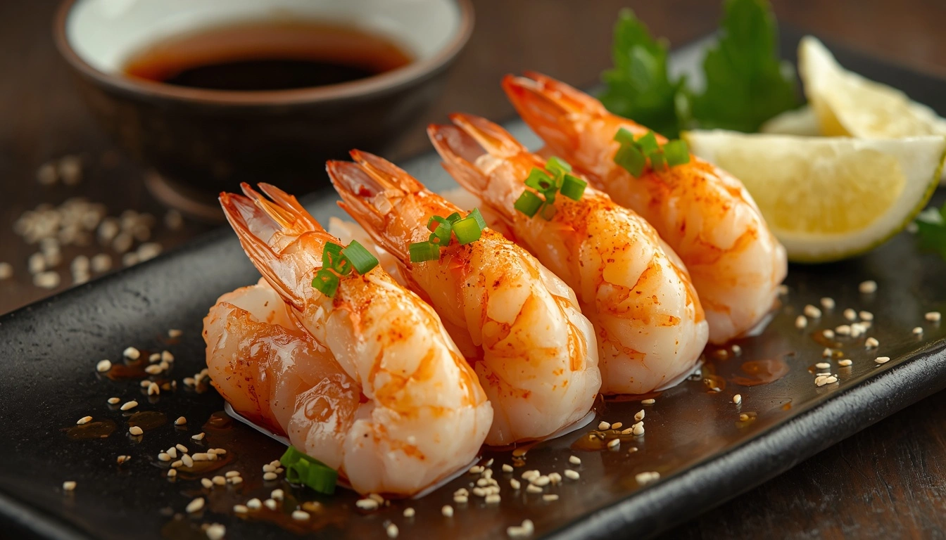 Shrimp sashimi served with sweet shrimp (amaebi), citrus soy sauce, wasabi, and chilled garnishes.
