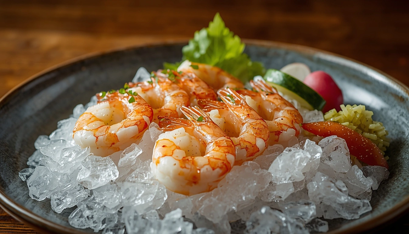 Shrimp Sashimi with sweet shrimp, citrus soy, wasabi, and chilled garnishes
