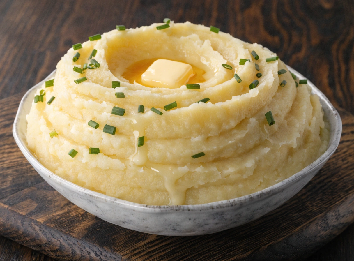 Steakhouse garlic butter mashed potatoes in a white bowl