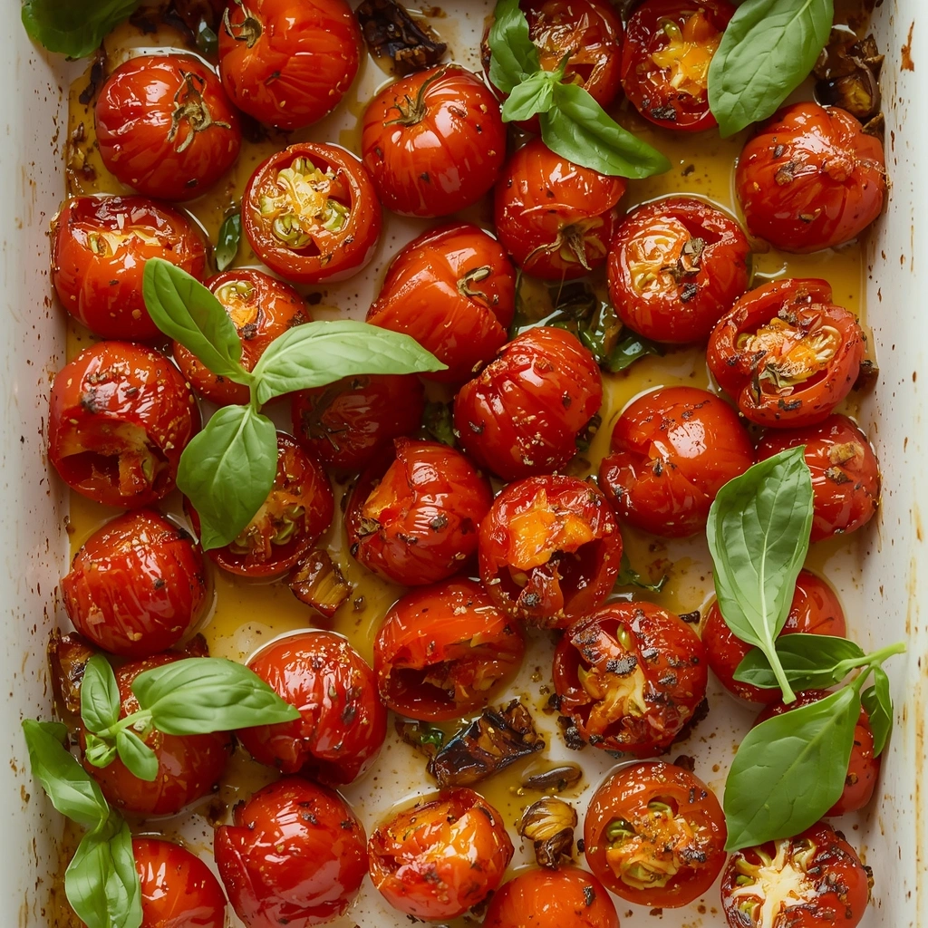 Roasted burst cherry tomatoes with fresh basil and olive oil