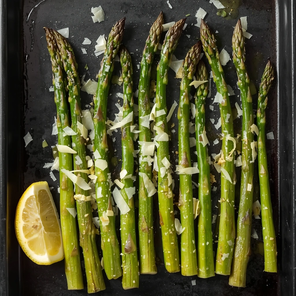 Roasted asparagus with shaved parmesan and lemon on a baking sheet