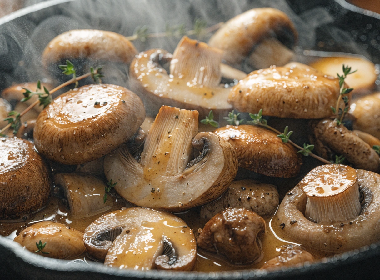 Sautéed mushrooms in a cast-iron skillet with butter and fresh thyme