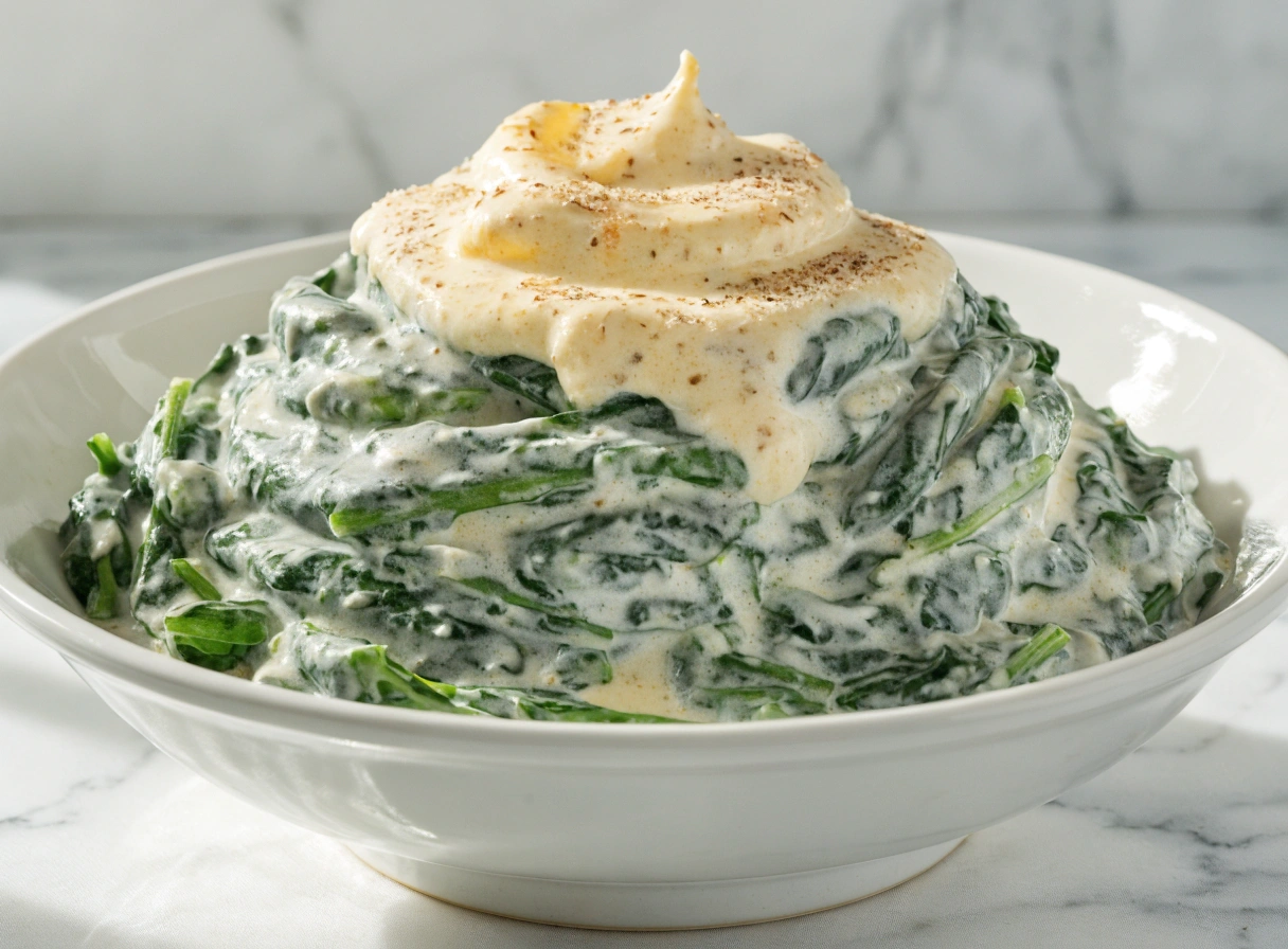 Steakhouse creamed spinach in a white serving bowl with nutmeg