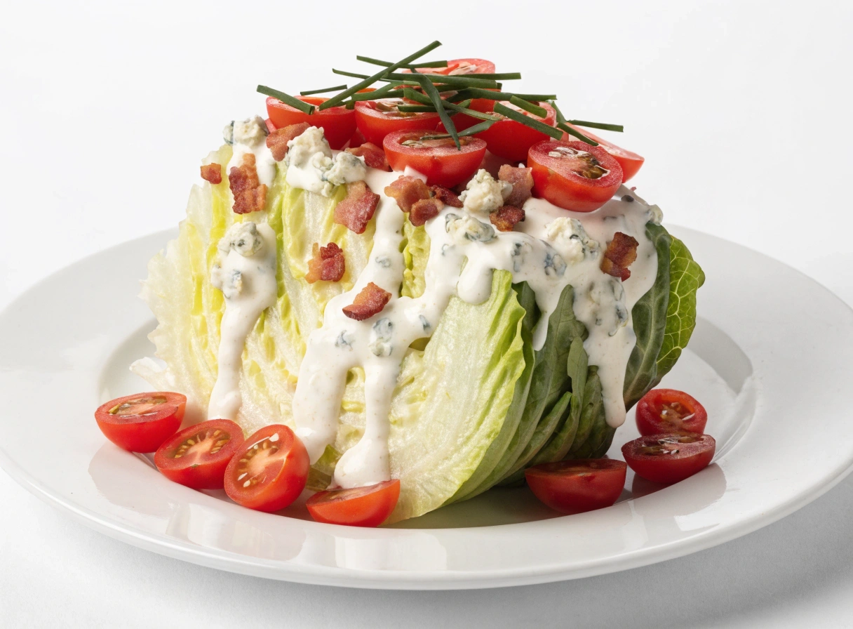 Classic wedge salad with blue cheese dressing, crispy bacon and cherry tomatoes