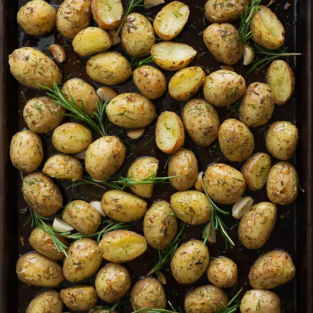 Roasted fingerling potatoes with rosemary and garlic on a dark baking pan
