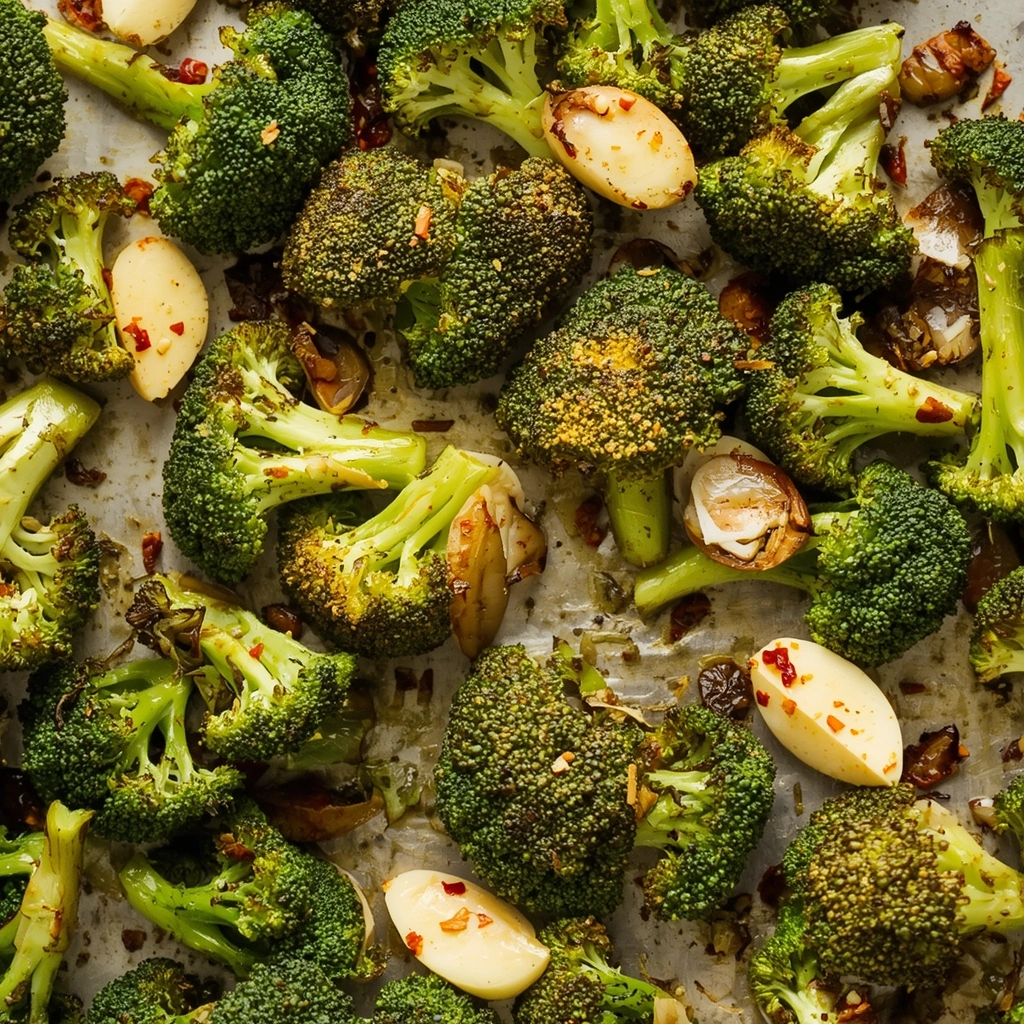 Roasted broccoli with garlic and red pepper flakes, crispy golden edges