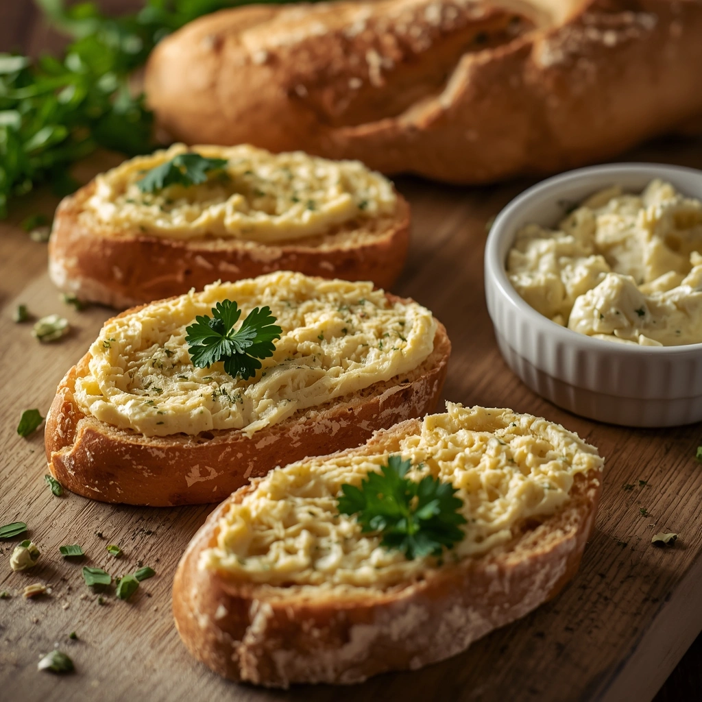 Garlic herb compound butter bread toasted golden brown with fresh parsley