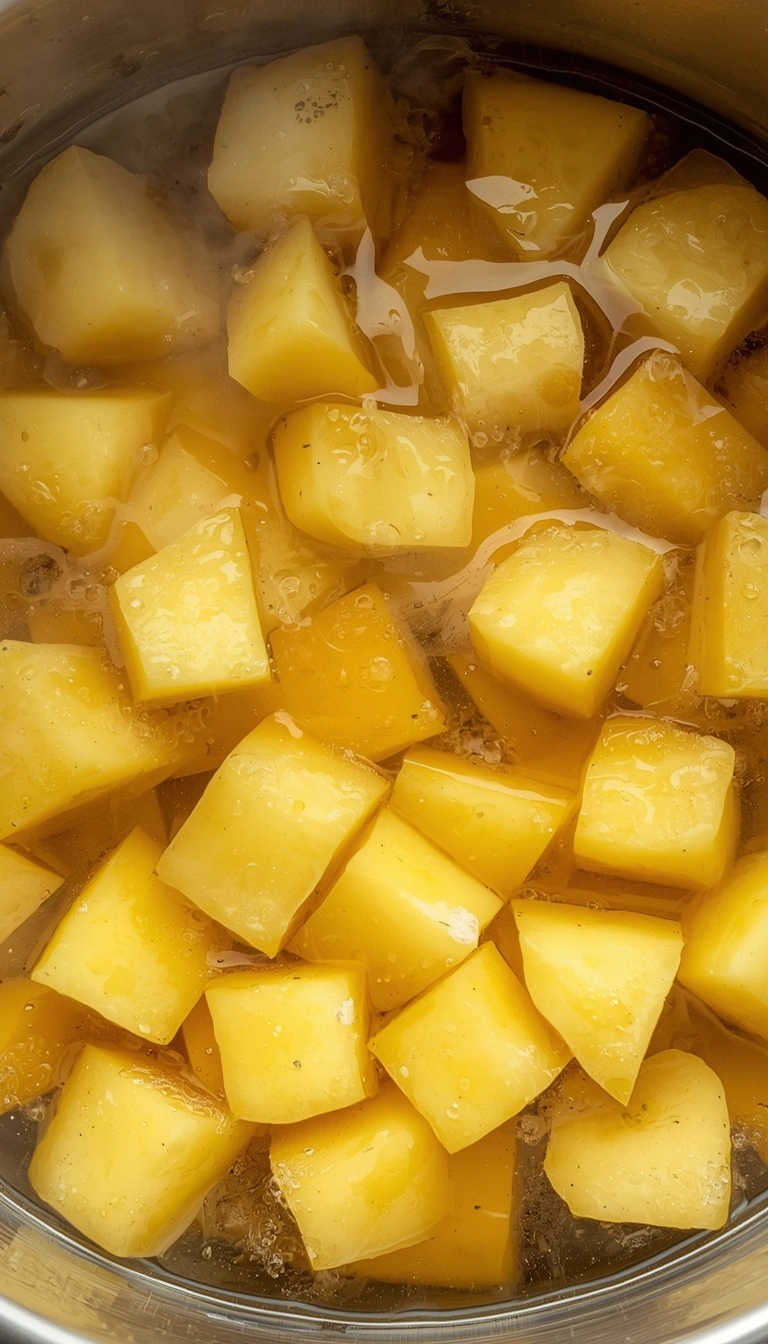 Step 1: Yukon Gold potatoes cubed and boiling in salted water