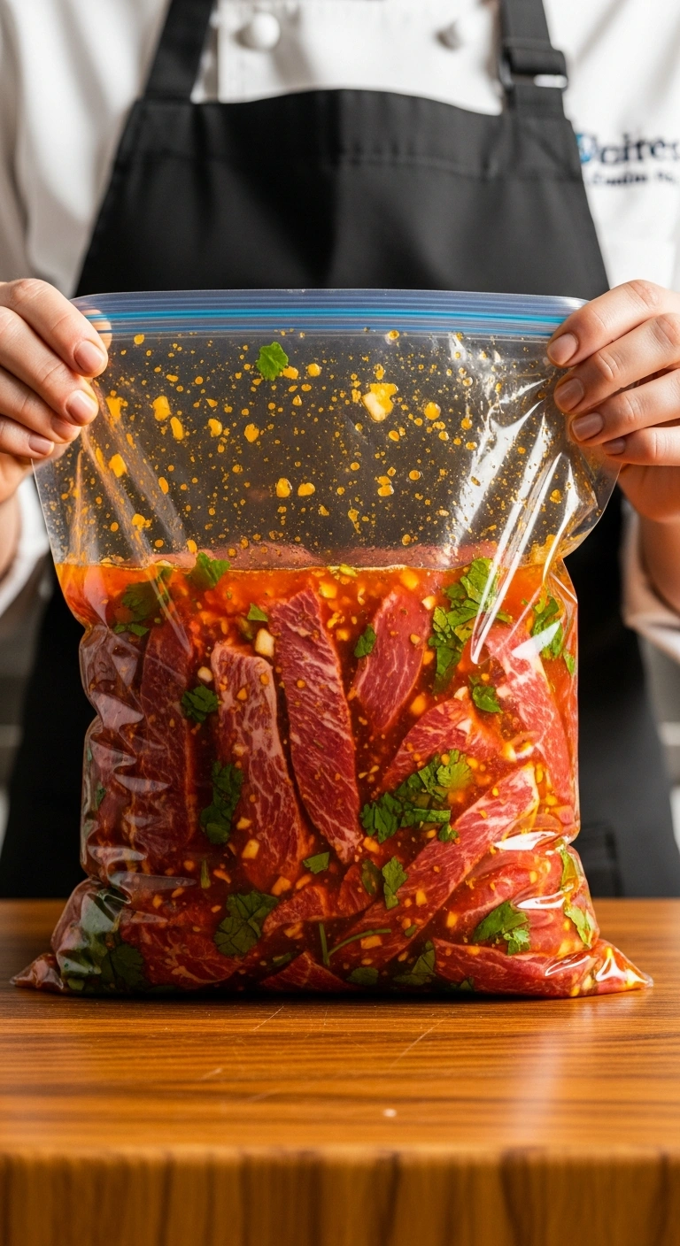 Step 1: Tablitas submerged in citrus garlic marinade in a zip-lock bag