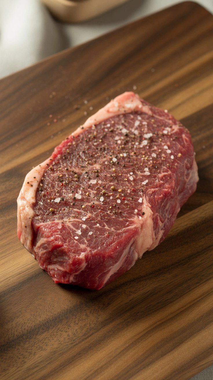 Step 1: 8 oz sirloin steak seasoned with salt and pepper on a wooden board