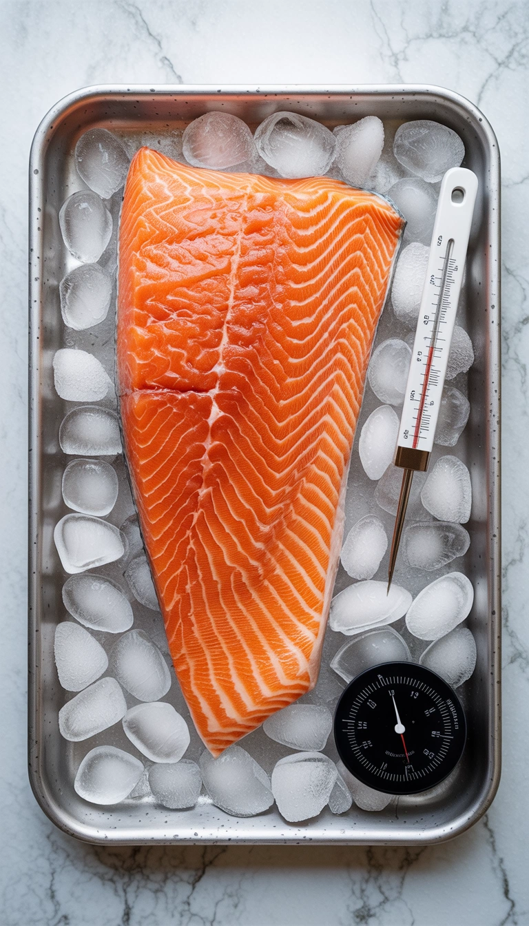 Raw-intended king salmon kept cold over ice before making crudo