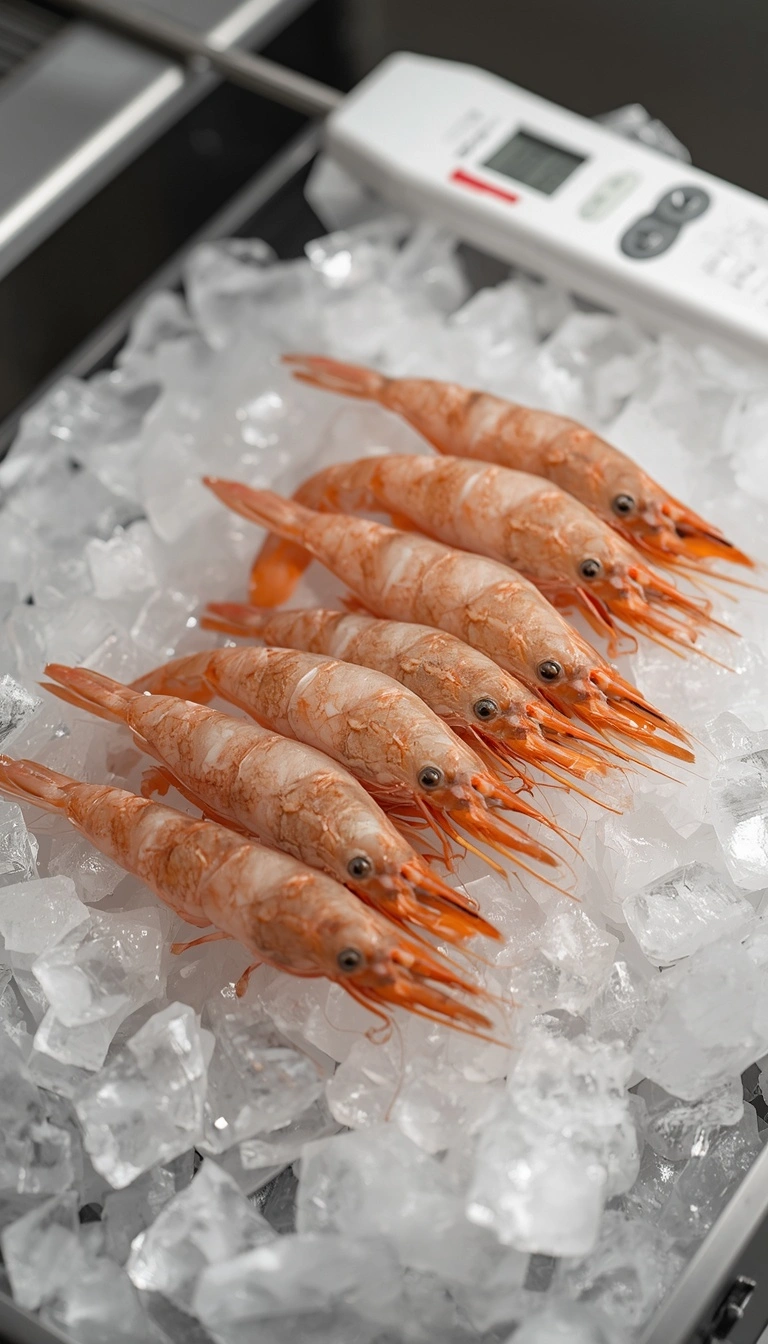 Sashimi-grade sweet shrimp kept cold over ice before preparation