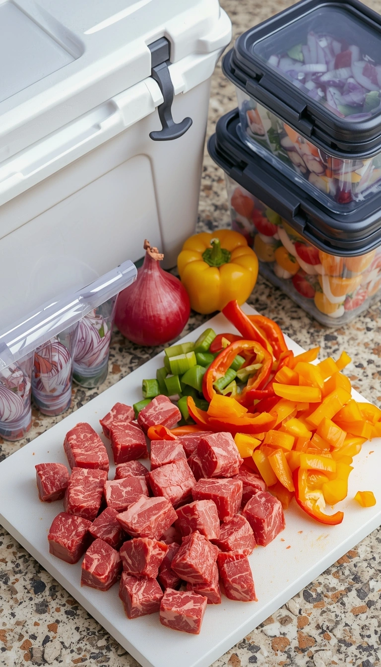Steak cubes, peppers, and onion prepped for road trip skewers