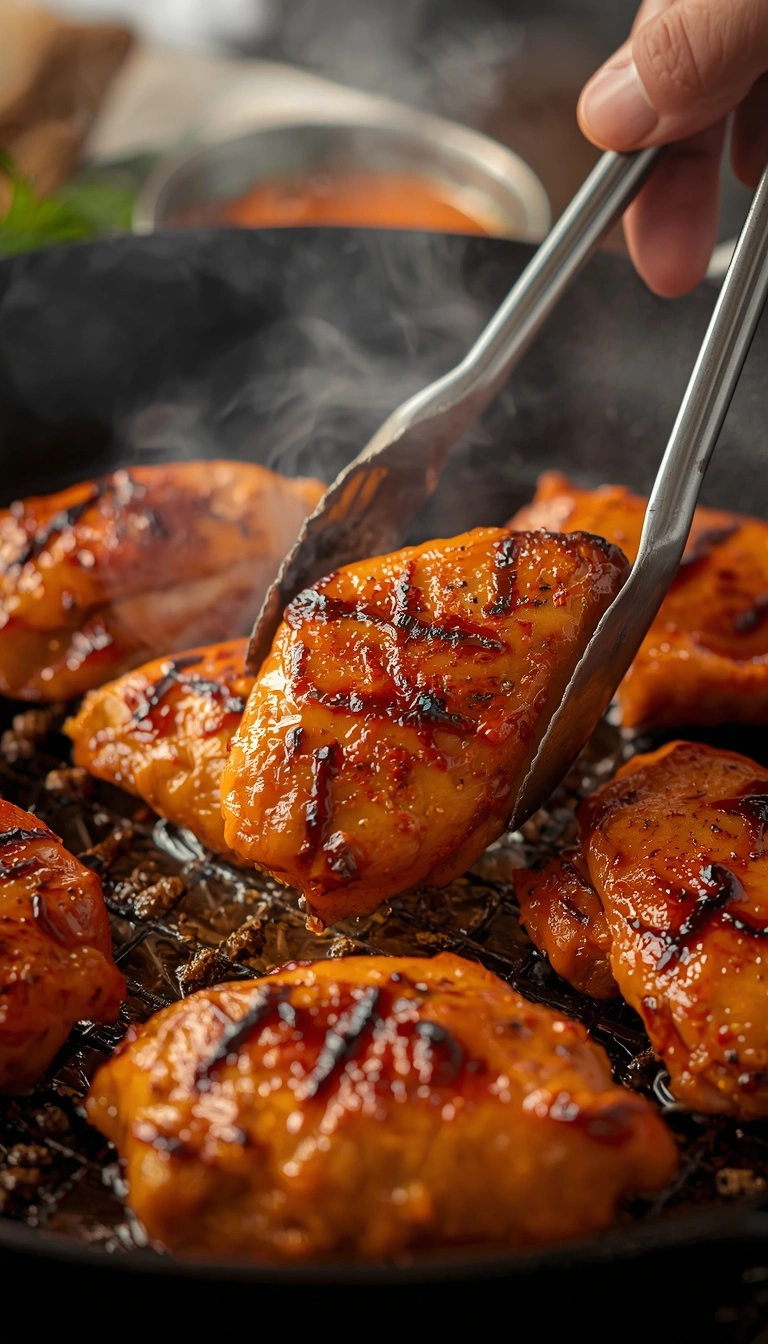 Step 1: Marinated chicken grilling until charred for butter chicken