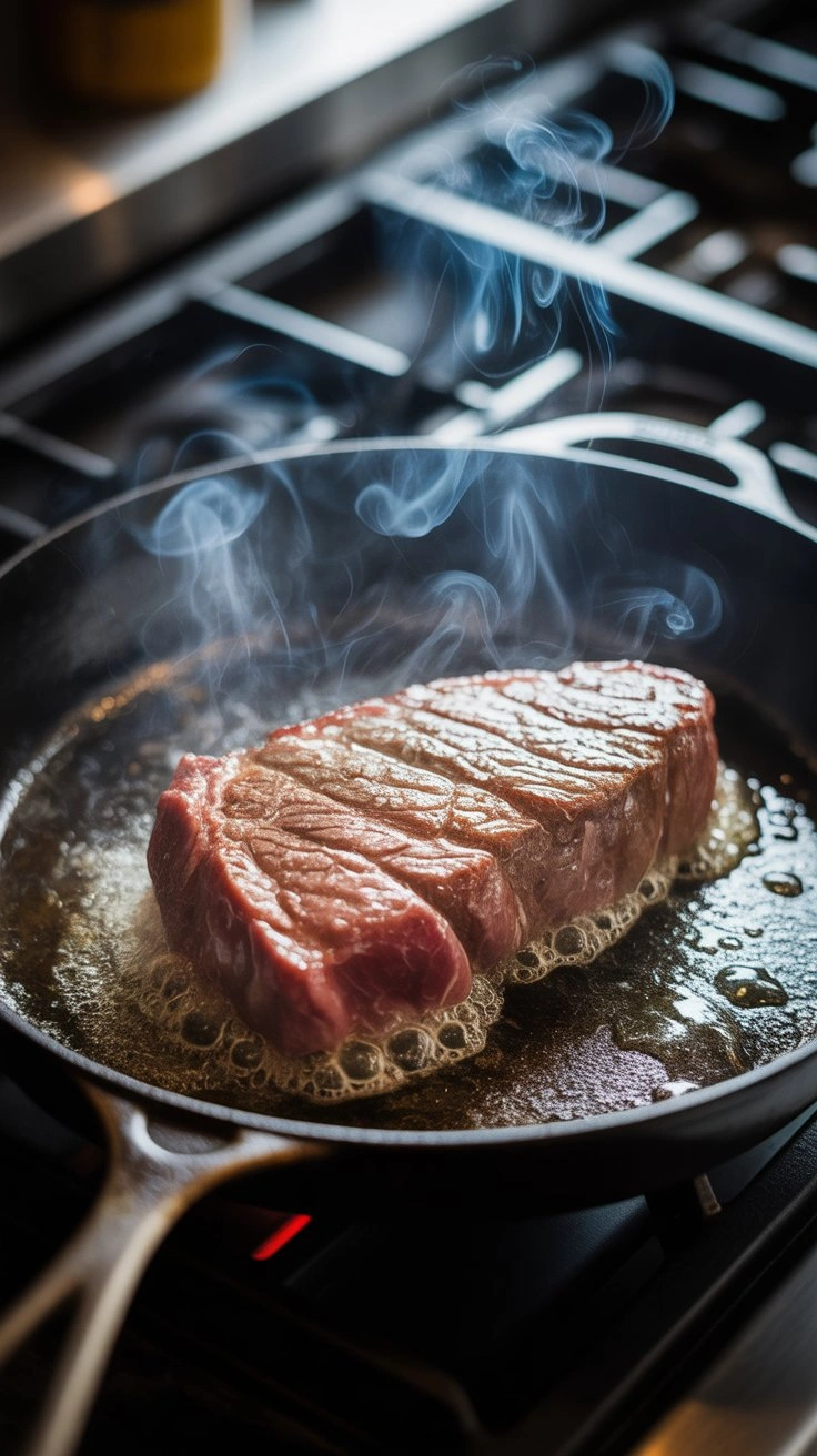 Step 2: 8 oz sirloin searing in a smoking hot cast iron skillet