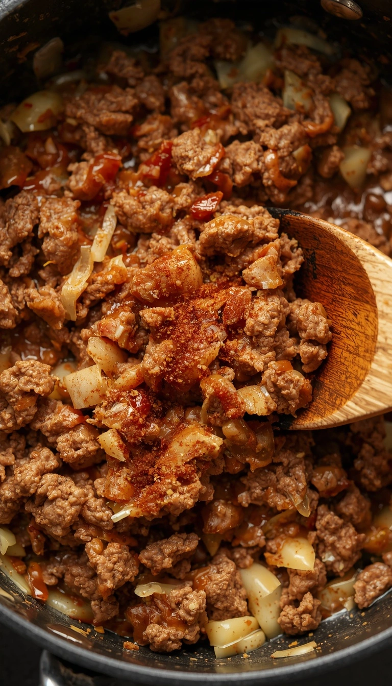Ground beef browned with onion, garlic, and taco seasoning for taco pasta bake