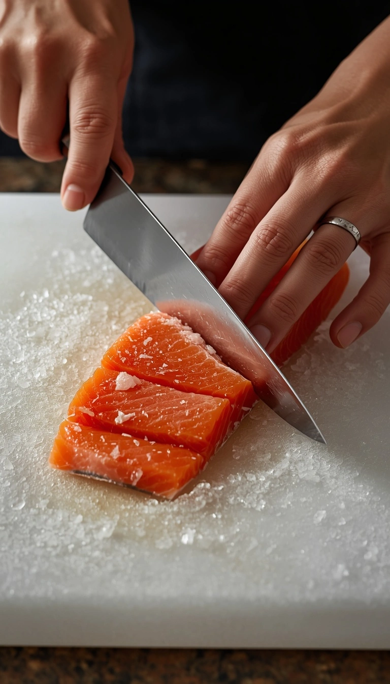 Cold salmon sliced thinly with a sharp knife for crudo