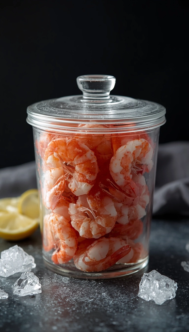 Sweet shrimp thawed safely in the refrigerator and kept chilled