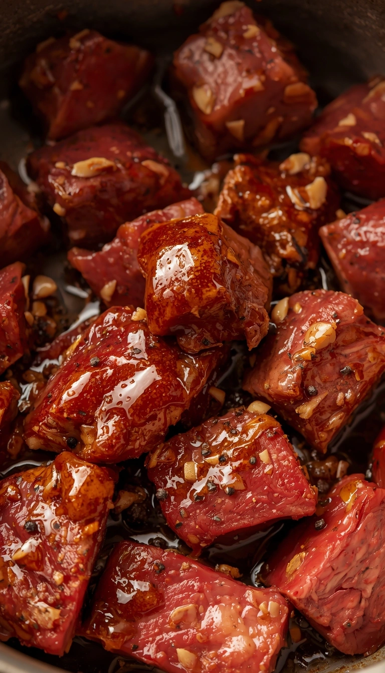 Steak cubes seasoned with garlic, smoked paprika, and Worcestershire sauce
