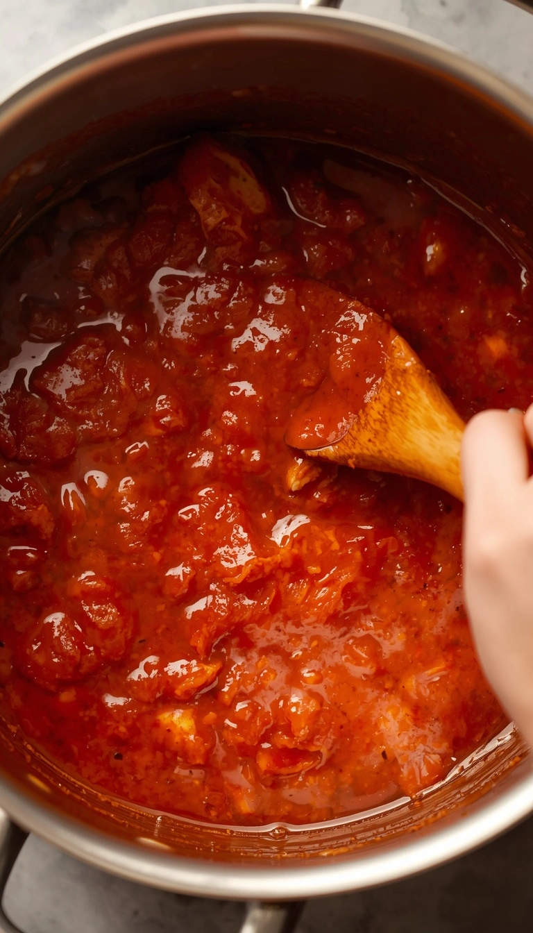 Step 2: Butter chicken tomato sauce simmering and darkening in pan