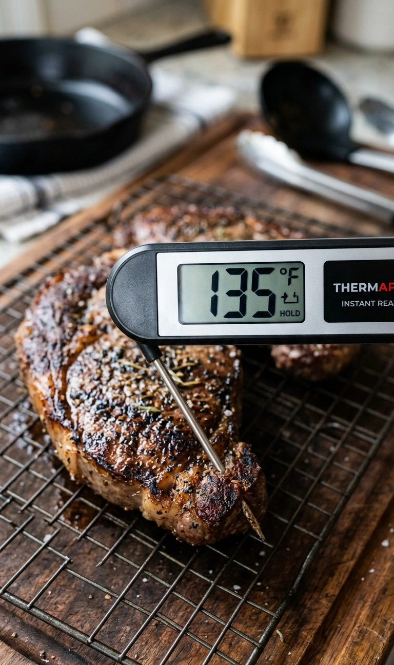 Step 3: Instant-read thermometer inserted in 8 oz sirloin reading 135°F