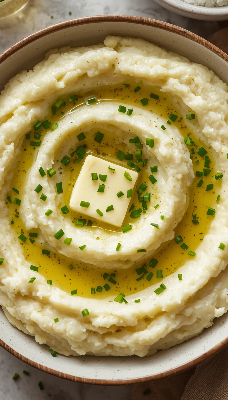 Step 3: Finished creamy garlic butter mashed potatoes with chives garnish