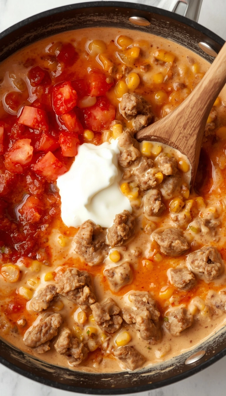 Creamy taco sauce mixed with ground beef, salsa, tomatoes, corn, and sour cream
